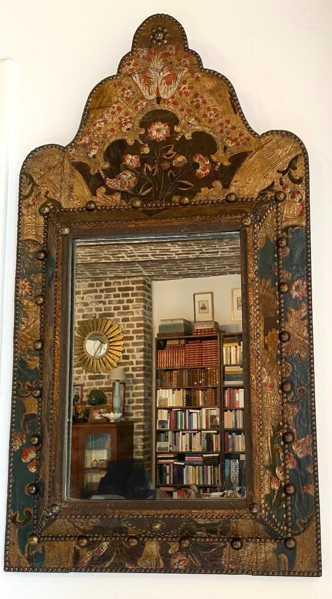 Rare antique goldleather cuir de Cordoue chimney mirror 
