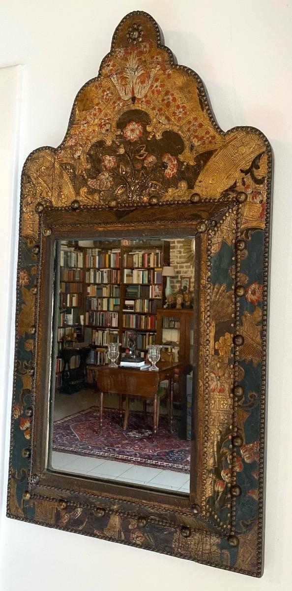 Rare antique goldleather cuir de Cordoue chimney mirror 
