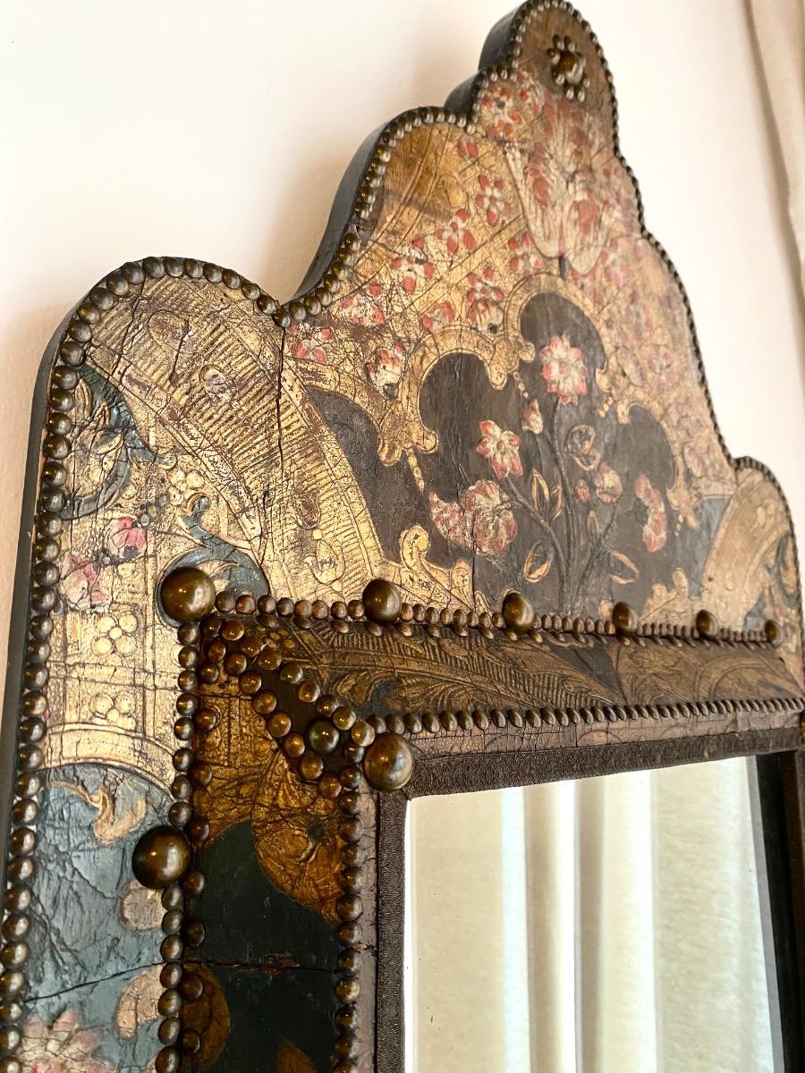 Rare antique goldleather cuir de Cordoue chimney mirror 