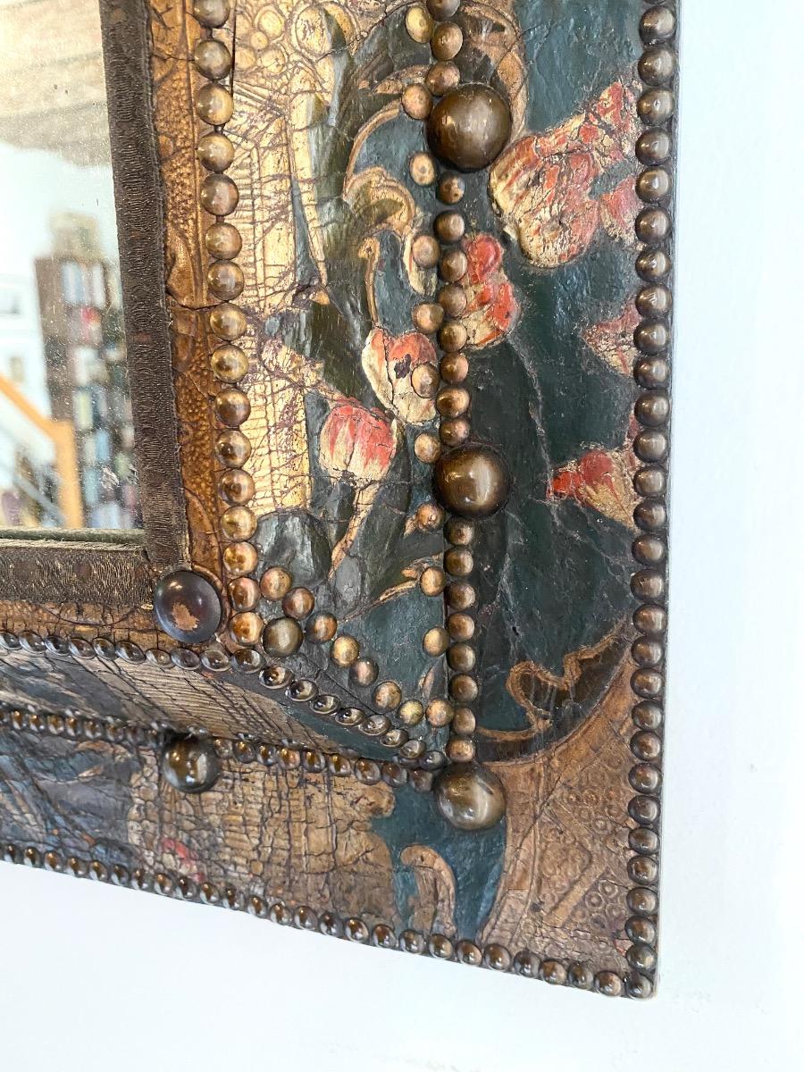 Rare antique goldleather cuir de Cordoue chimney mirror 