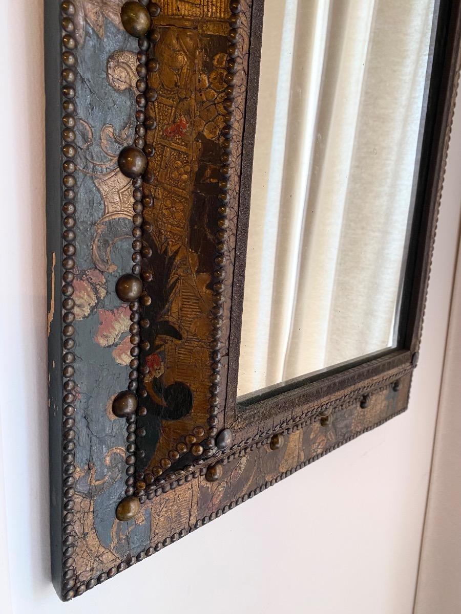 Rare antique goldleather cuir de Cordoue chimney mirror 
