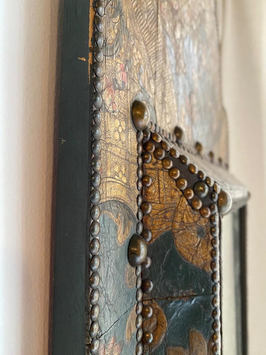 Rare antique goldleather cuir de Cordoue chimney mirror 