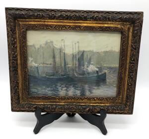 A. Lechat watercolor of boats in a harbor 