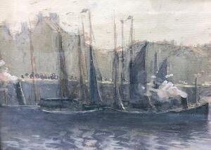 A. Lechat watercolor of boats in a harbor 