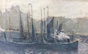 A. Lechat watercolor of boats in a harbor 