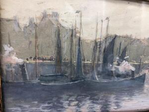 A. Lechat watercolor of boats in a harbor 