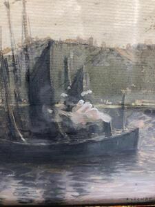 A. Lechat watercolor of boats in a harbor 