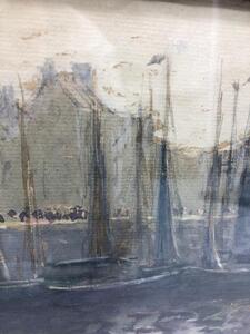 A. Lechat watercolor of boats in a harbor 