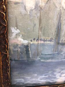 A. Lechat watercolor of boats in a harbor 