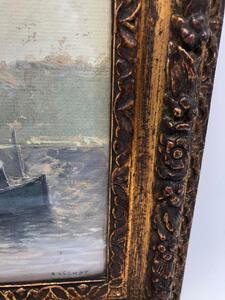 A. Lechat watercolor of boats in a harbor 